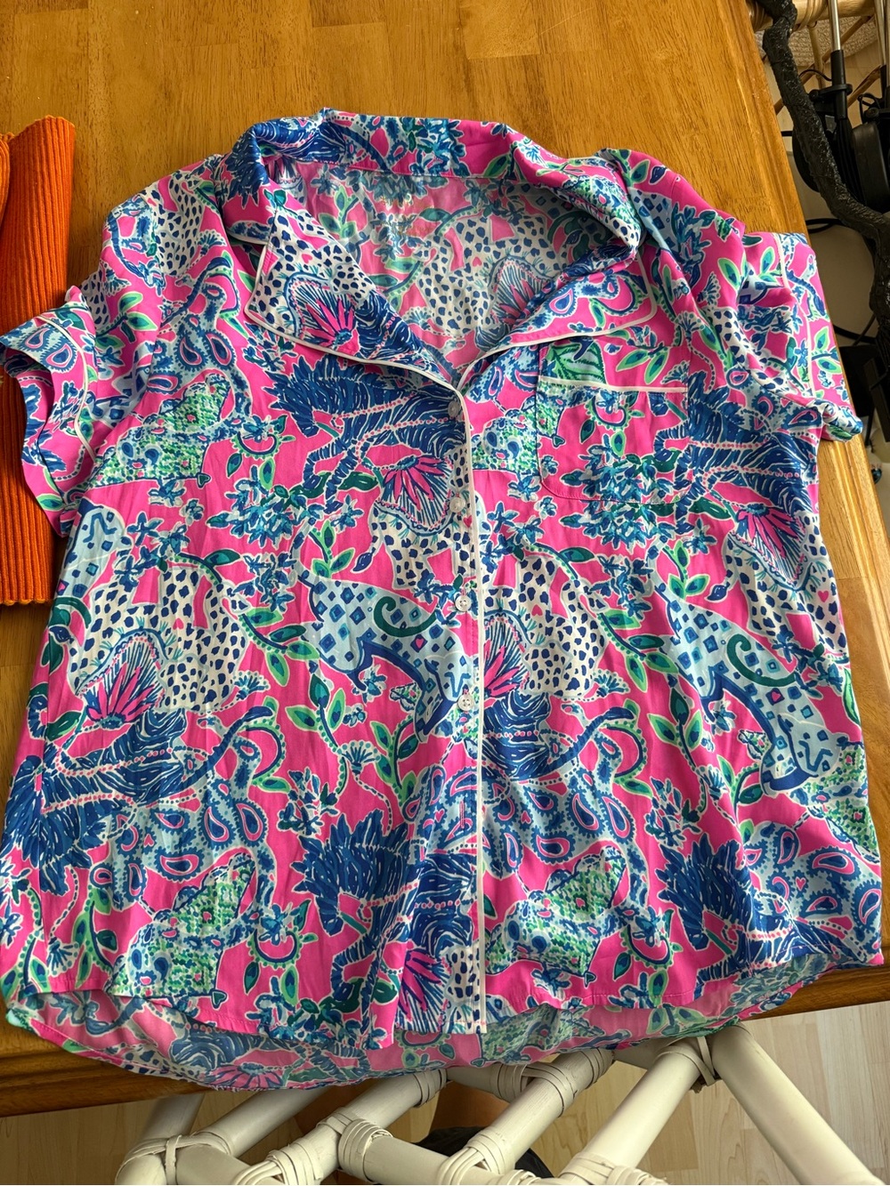 Lilly Pulitzer Vibrant Pink Tropical Print Short Sleeve Button Front Top
